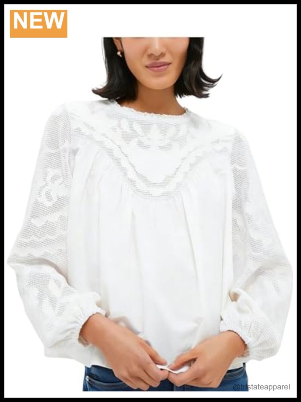 Women's Long Sleeve Lace Blouse Crew Neck Smocked Cotton Babydoll Top